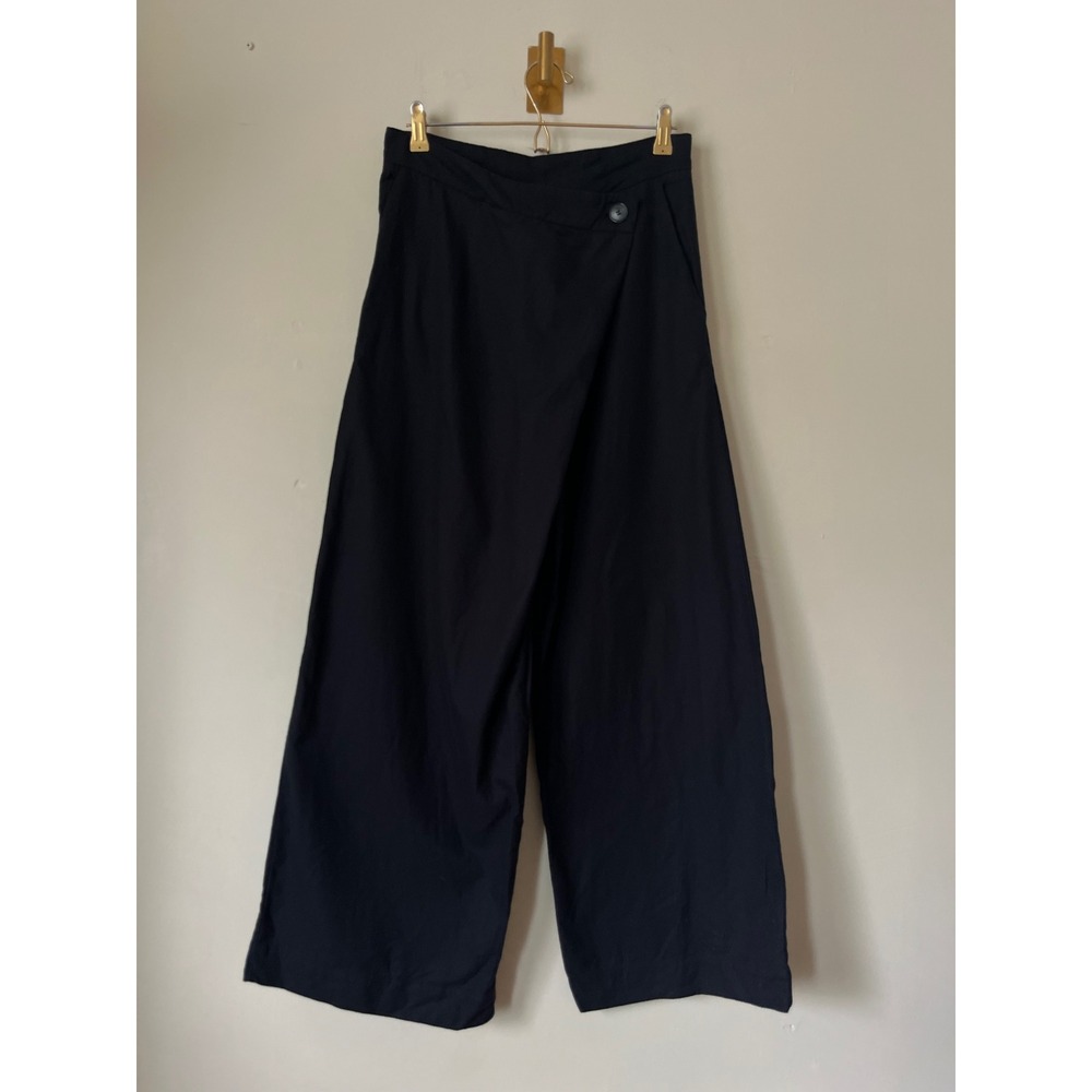 COSSAC Black Organic Cotton Wide Leg Minimalist Wrap Front Trousers Pants M